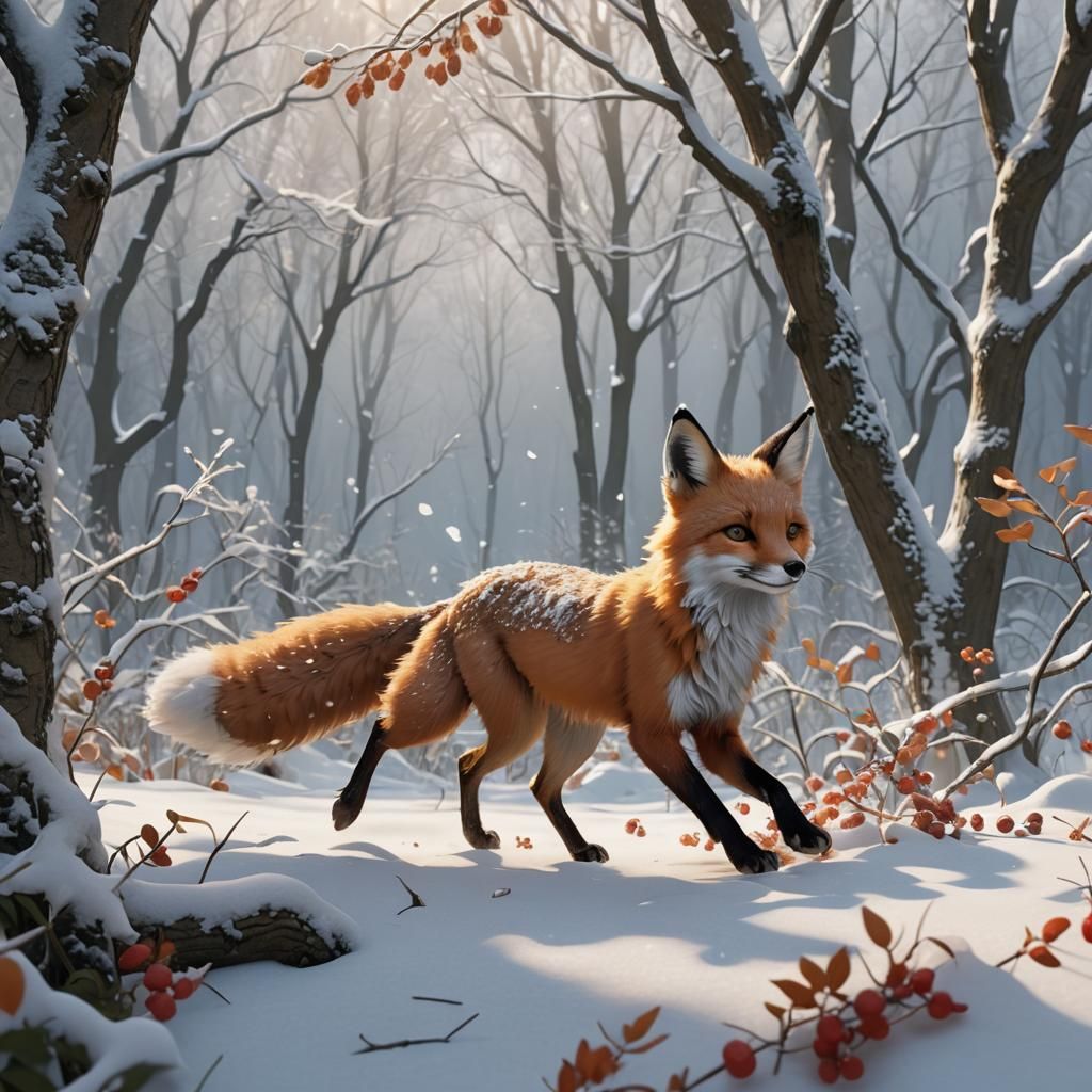 Foxes Play in Snowy Forest: 3D Anime Rendering