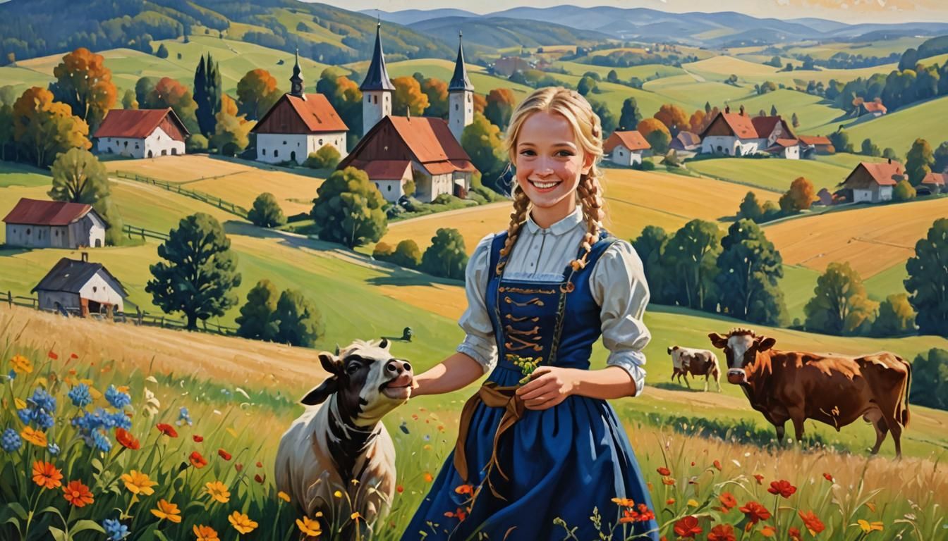 Bavarian Girl and Calf: Impressionistic Farm Scene