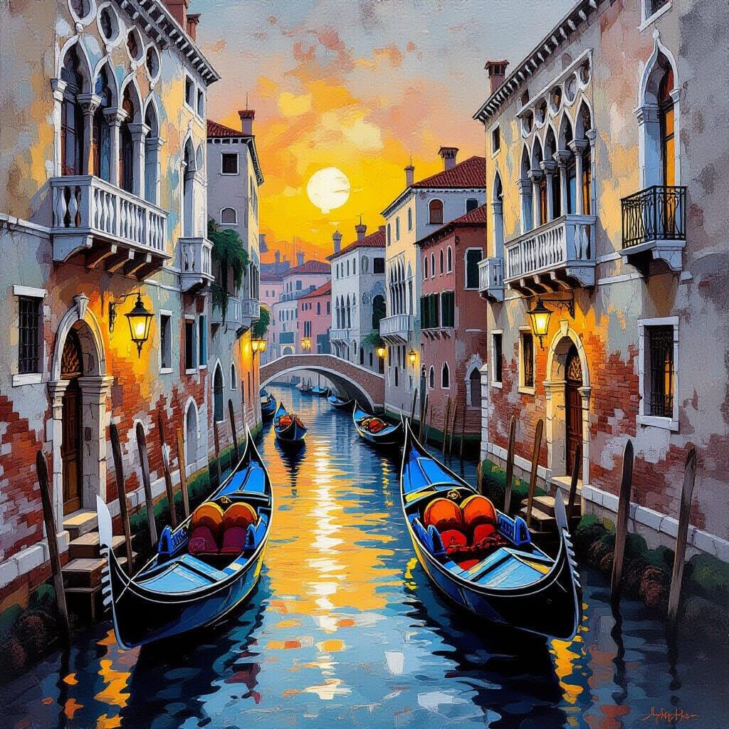 Surreal Venetian Canal at Night, Impressionistic Watercolor