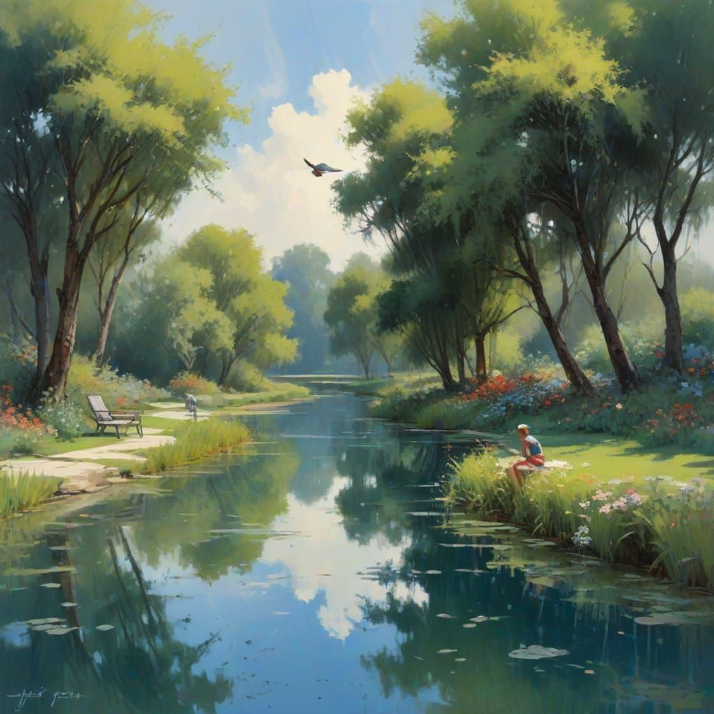 Muted Watercolour Falcon Flight Over Orchard Pool