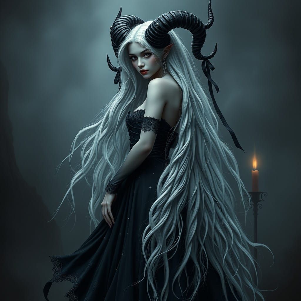 Ethereal Demoness with Tattered Black Gown and Dark Mystical...