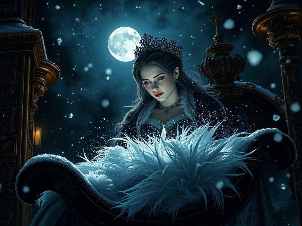 Gothic Baroque Oil Painting of Frau Holle in Moonlit Sky