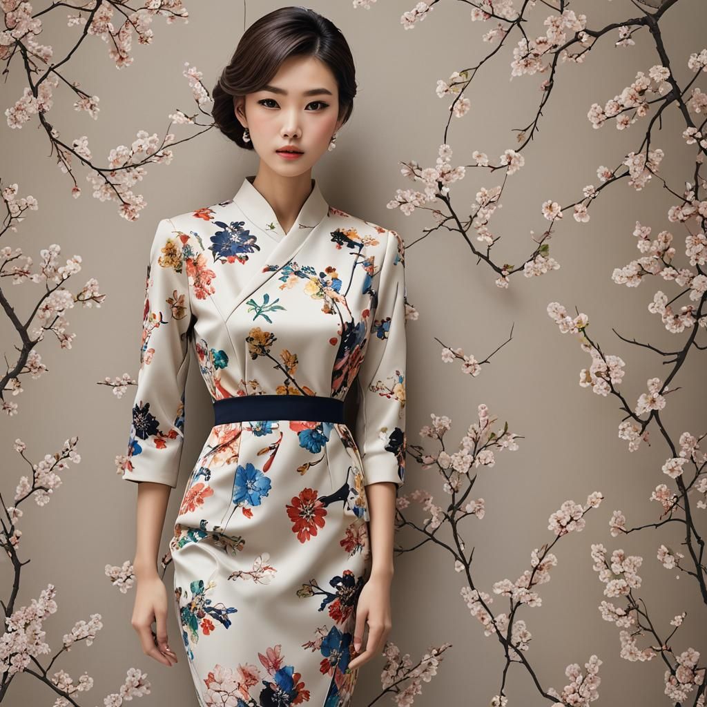 Japanese Model in Green Dress, Professional Photo