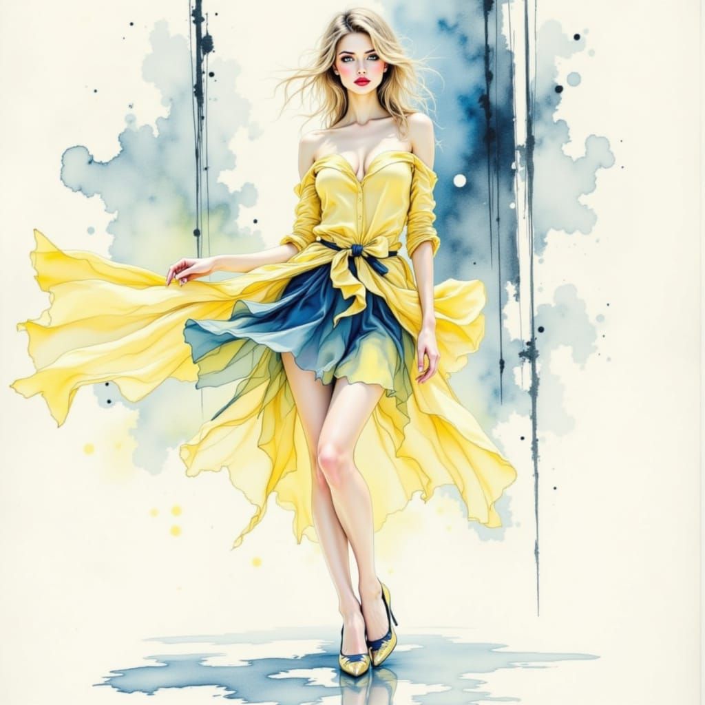 Ukrainian Watercolor Goddess Sways in Whirlwind of Blue and ...