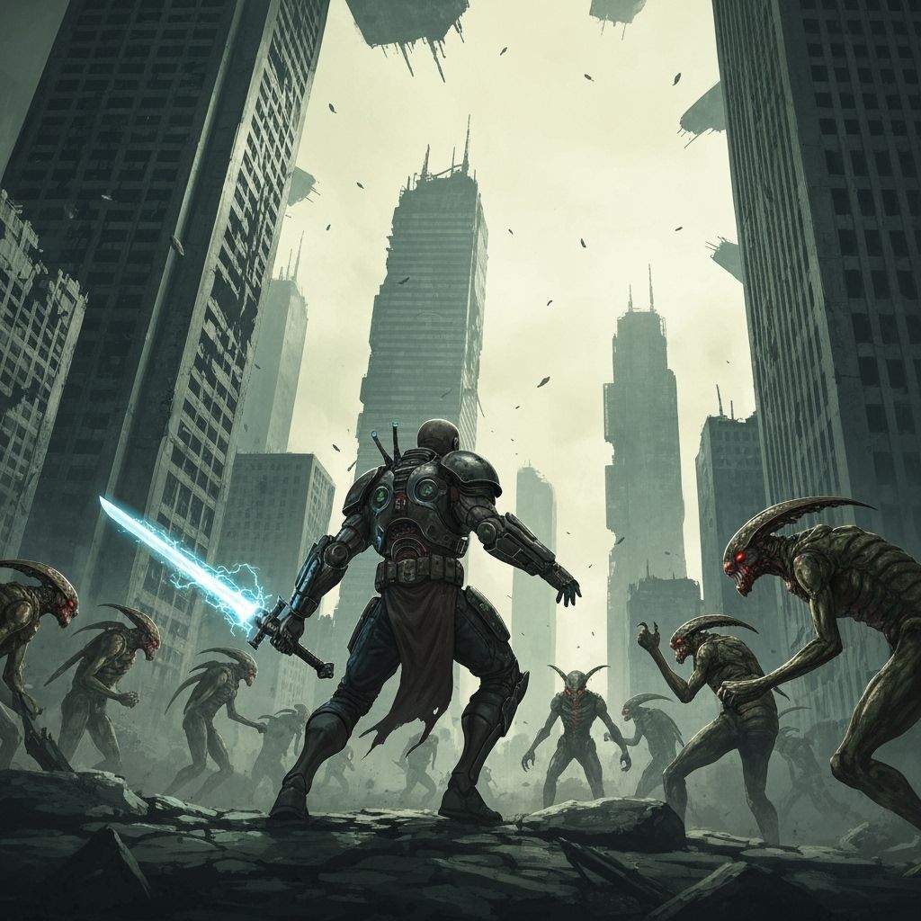 Futuristic Warrior Defiant Against Alien Horde