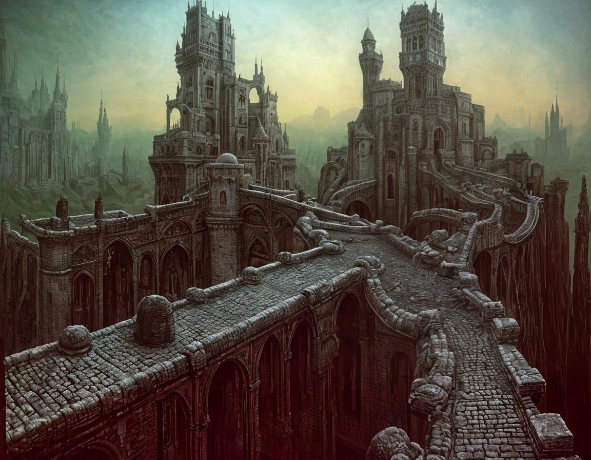 Surreal Castle with Drawbridges, Dreamlike Painting