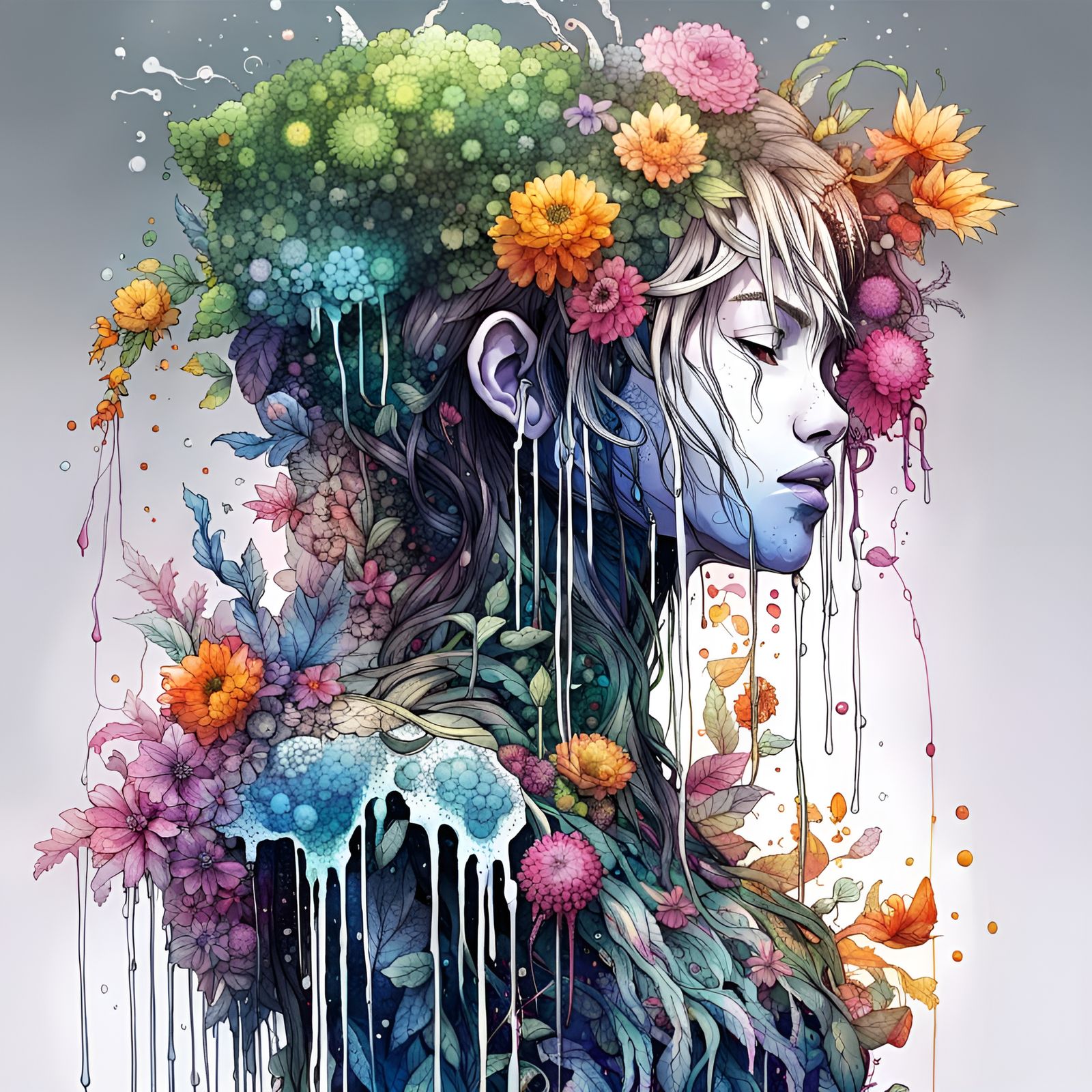 Intricate Flower Elemental Humanoid in Manga Style