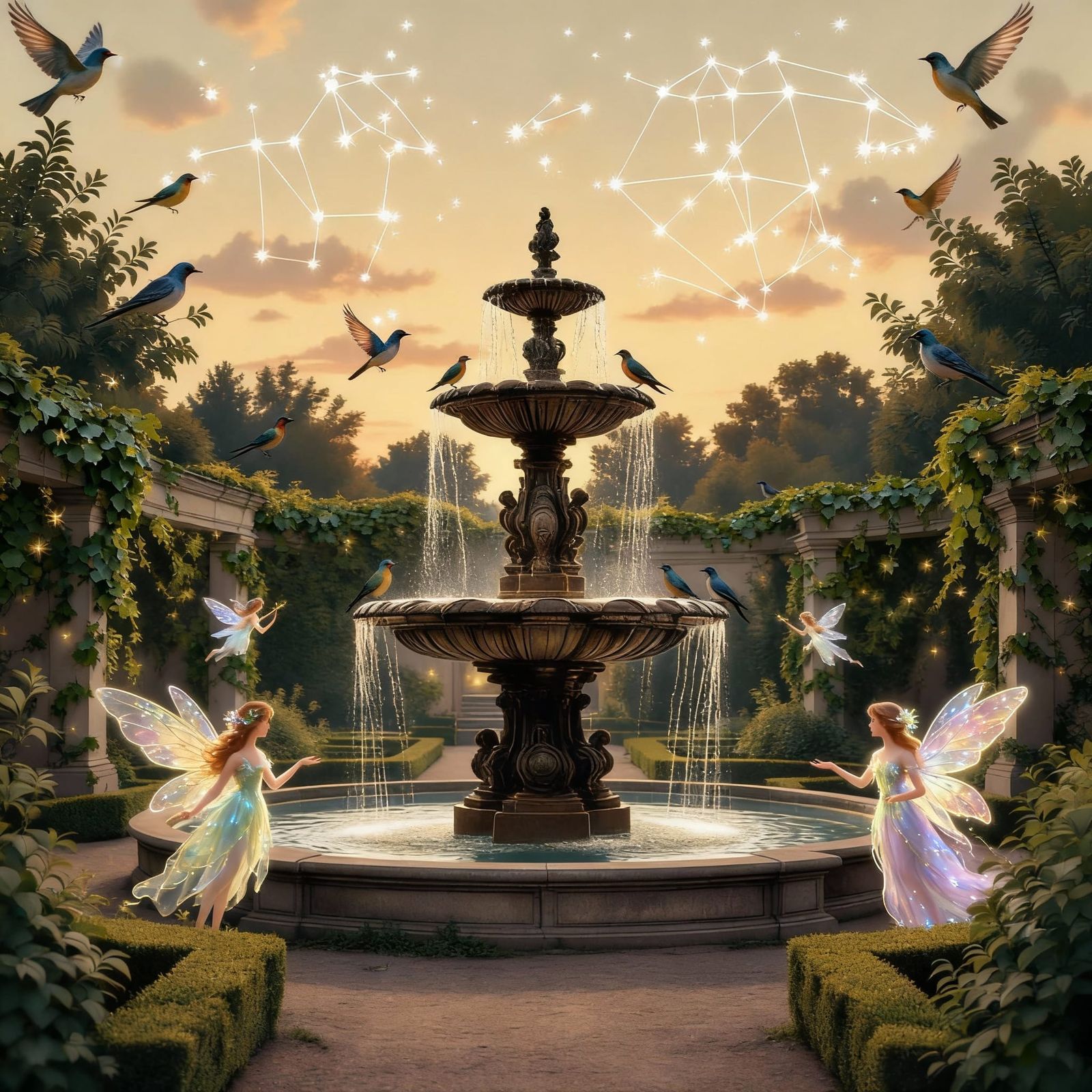 Holy Fountain With Birds and Fairies in a Park