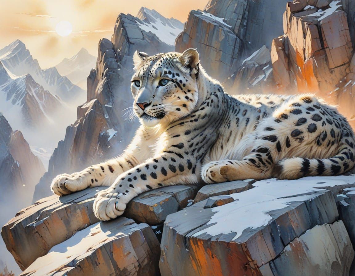 Snow Leopard in Himalayan Dawn, Watercolour Painting