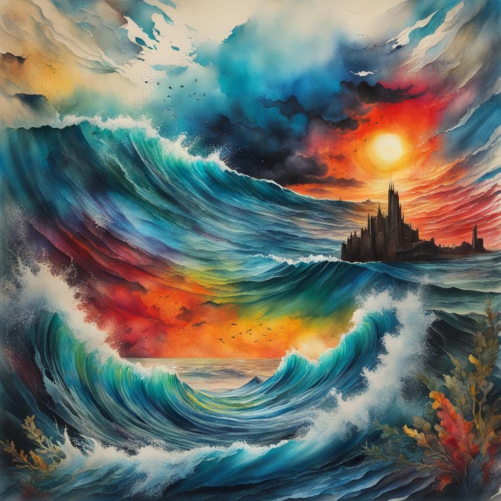 Ocean Waves at Dawn: Mixed Media Collage
