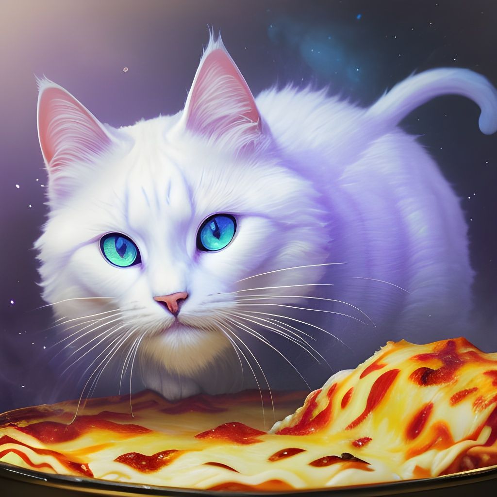 Whimsical Surrealist Portrait of a White Cat Enjoying Lasagn...