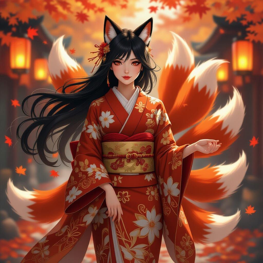 Elegant Kitsune Woman in Kimono, Anime Style