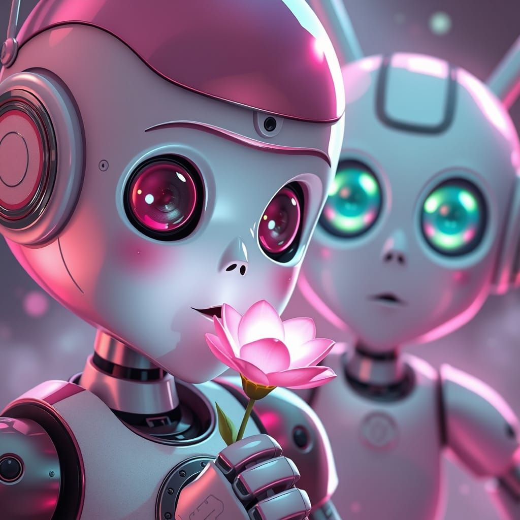 Robot Blushing with Flower in Dreamy Style