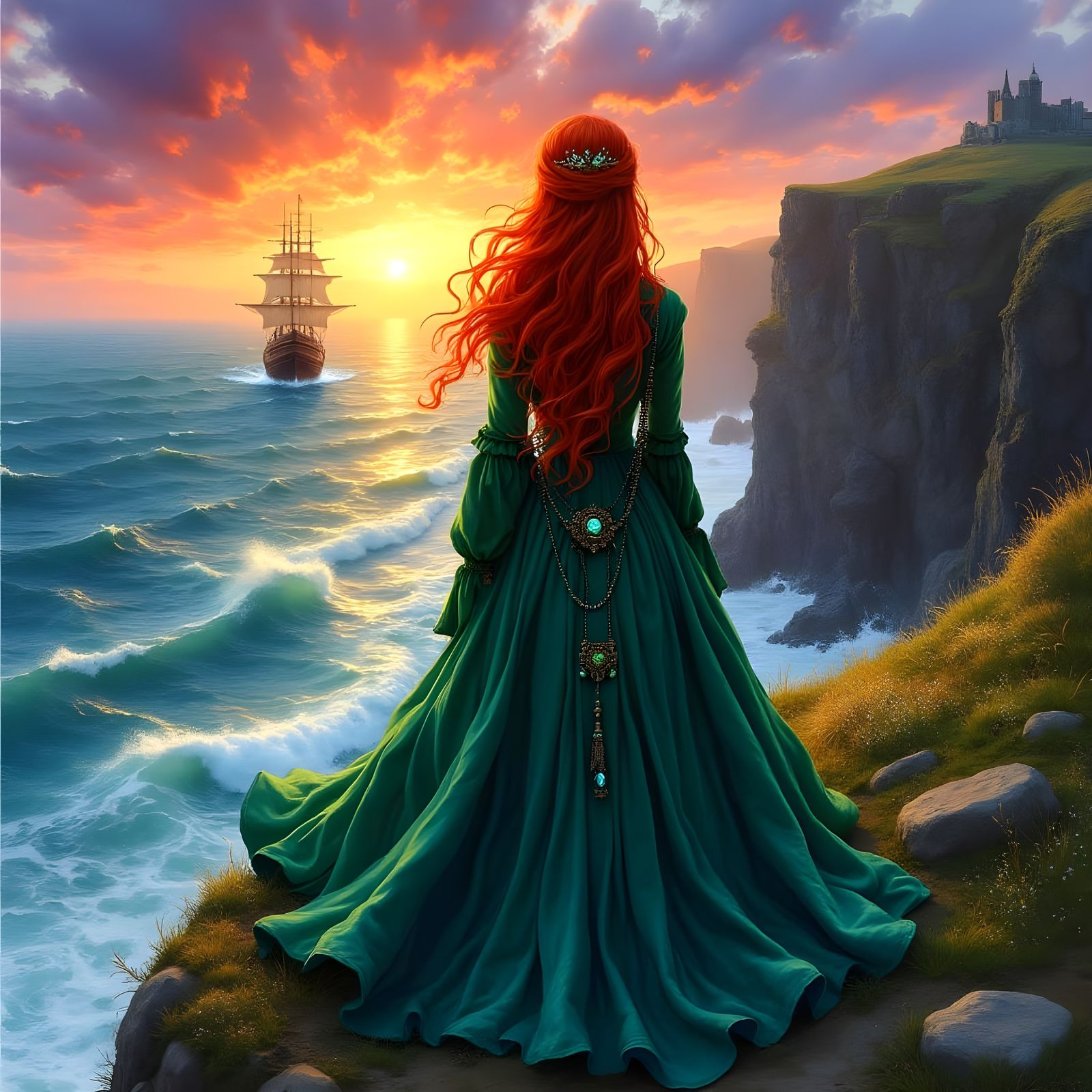 Irish Pirate Queen Standing at the Edge of a Rugged Cliff in...