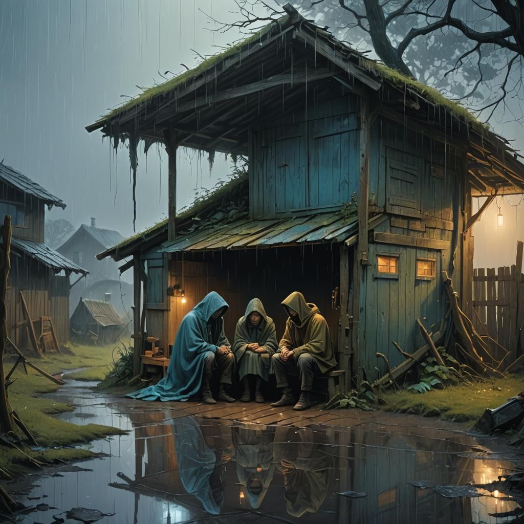 Lovers in Rainy Day Shelter: Fantasy Concept Art
