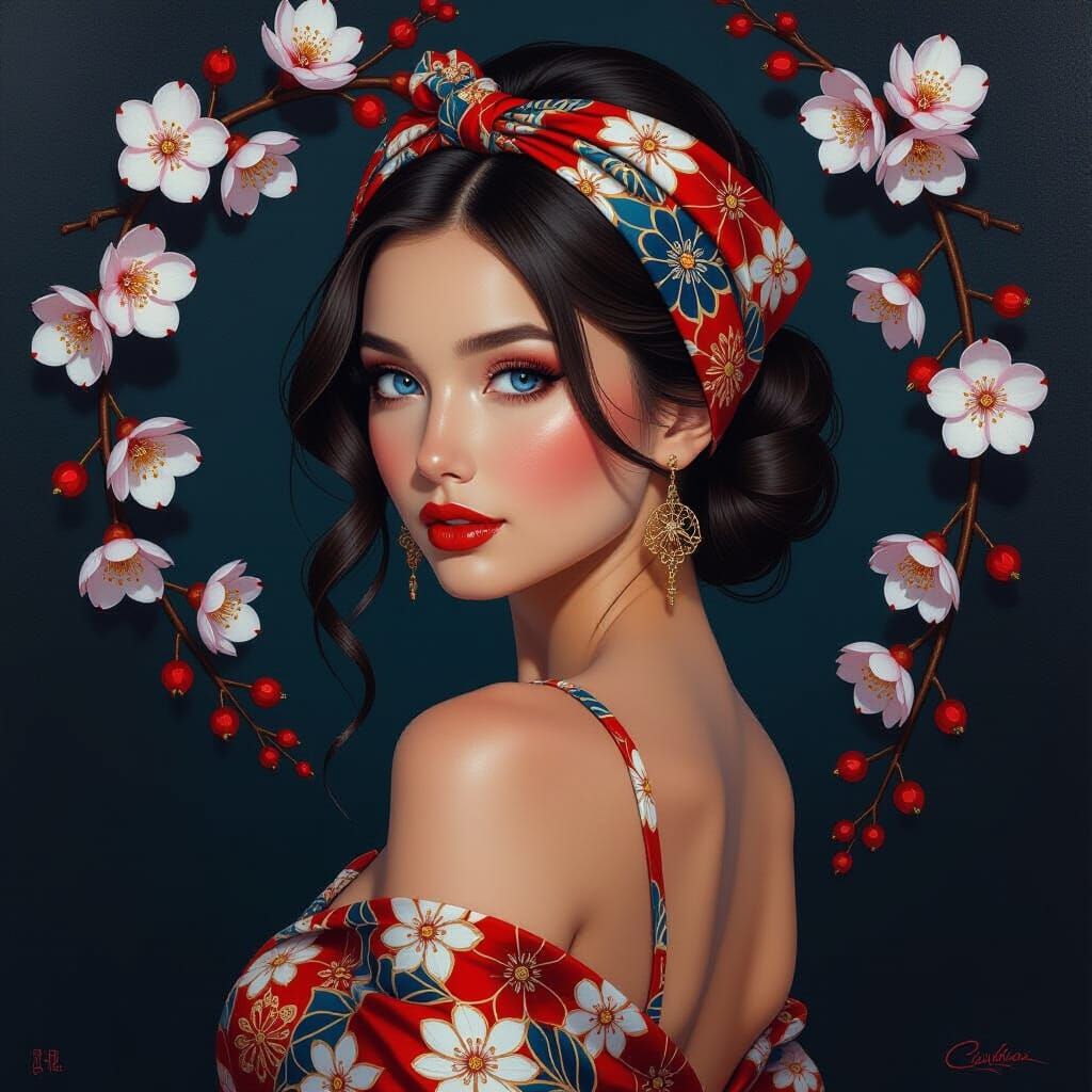 Woman with Cherry Blossoms in Anime Style