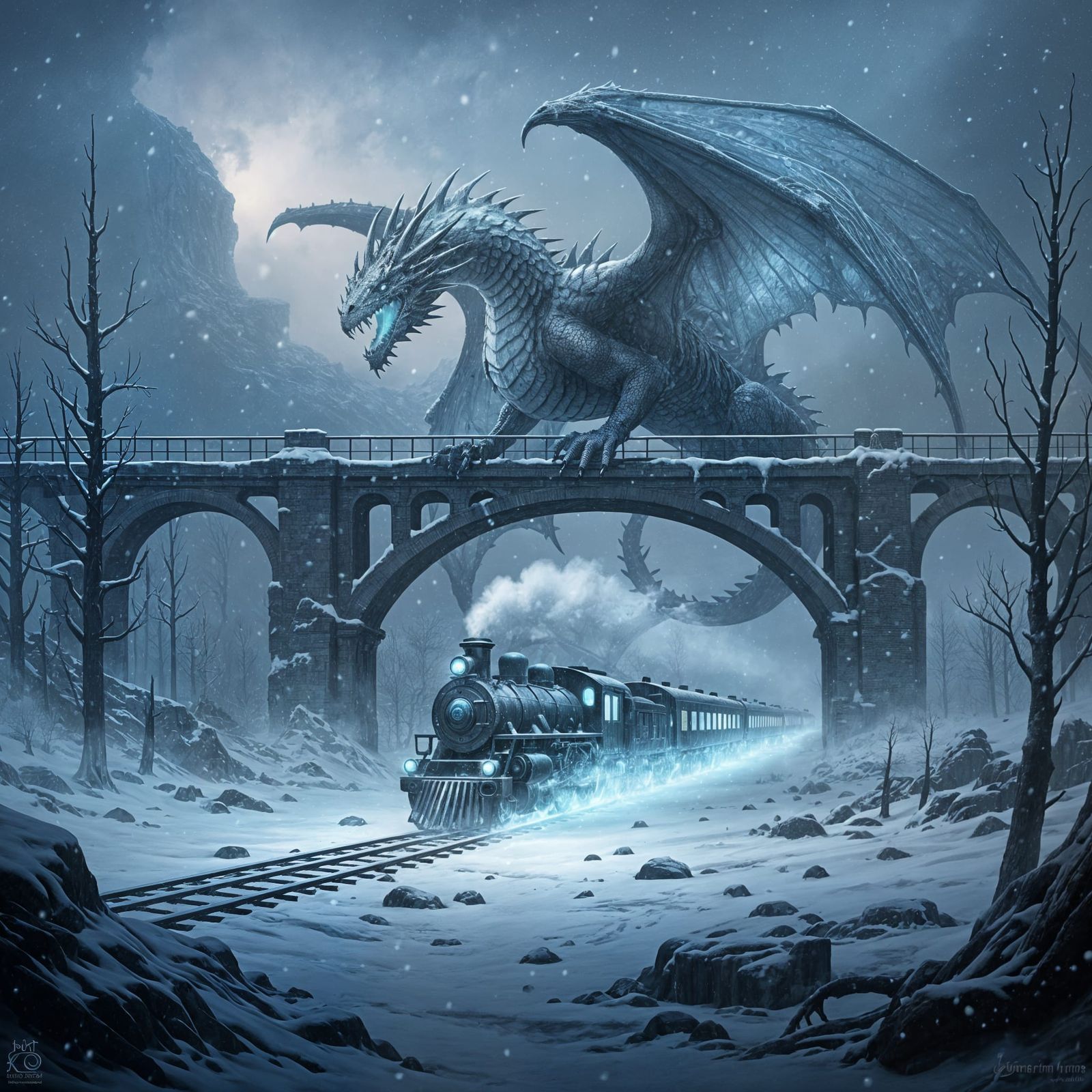Ancient Dragon on Snowy Bridge with Spectral Train