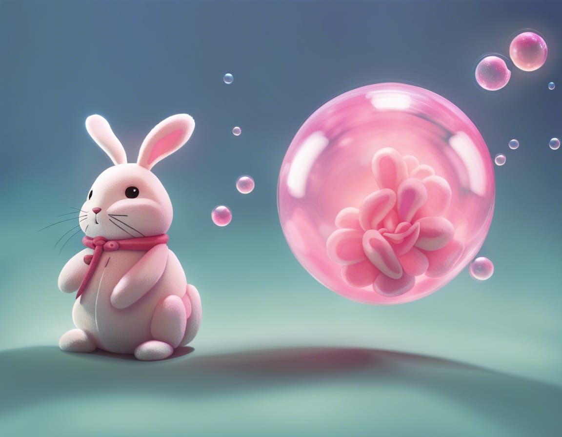 Plush Rabbit in Bubbles: Ghibli Anime Visual