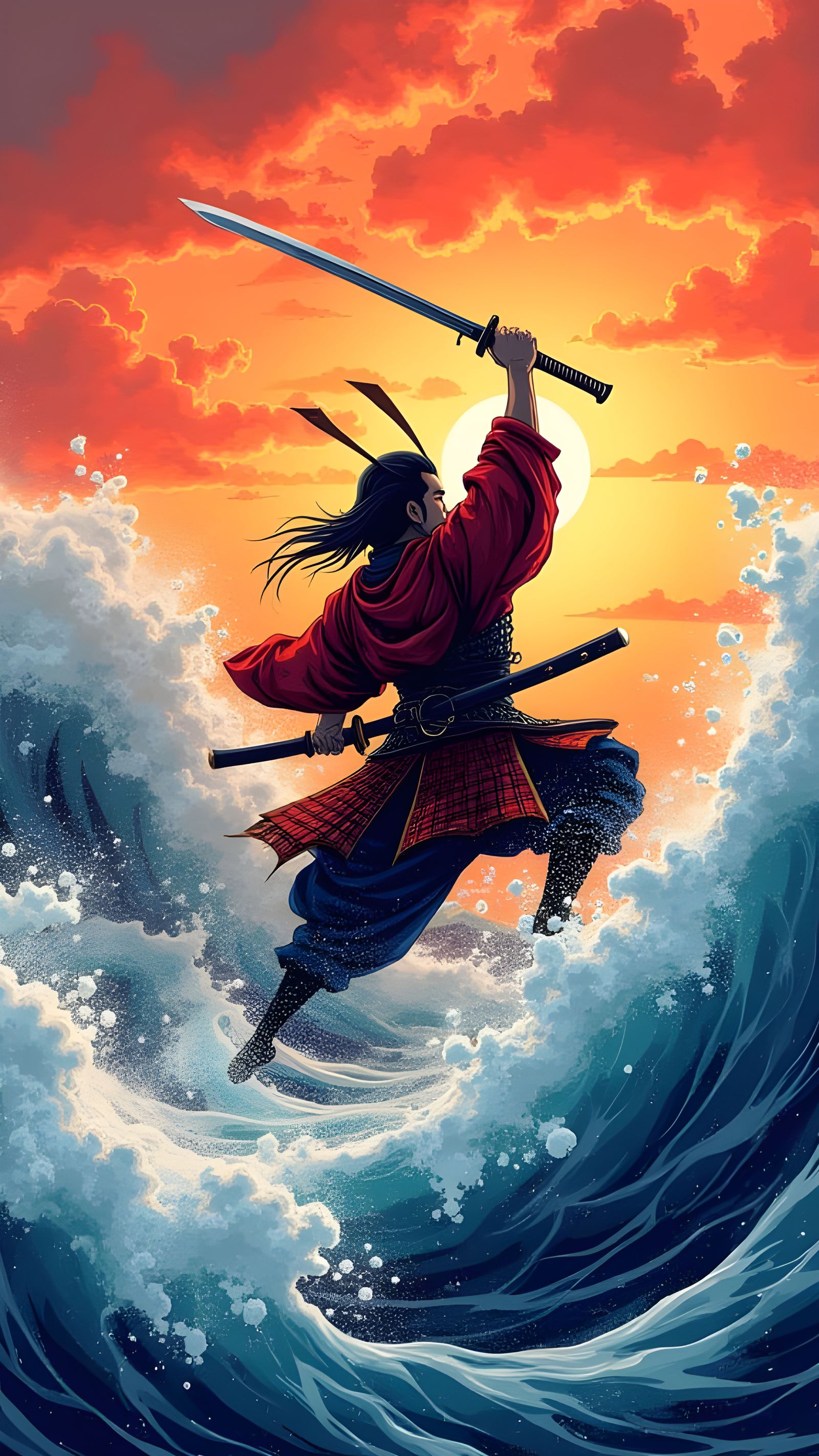 Samurai Confronts Great Wave: Digital Illustration