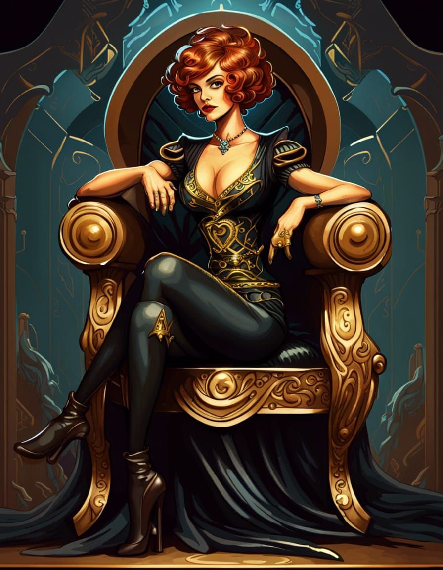 Art Deco Pirate Queen on Throne in Dark Fantasy Style