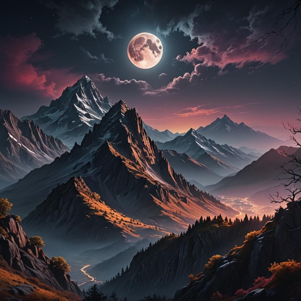 Full Moon Rising Behind Mountain, Matte Painting