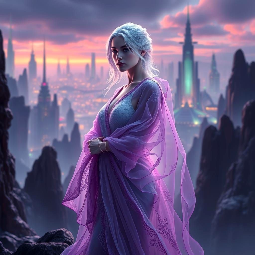 Crystalline Woman in Futuristic Fantasy Landscape