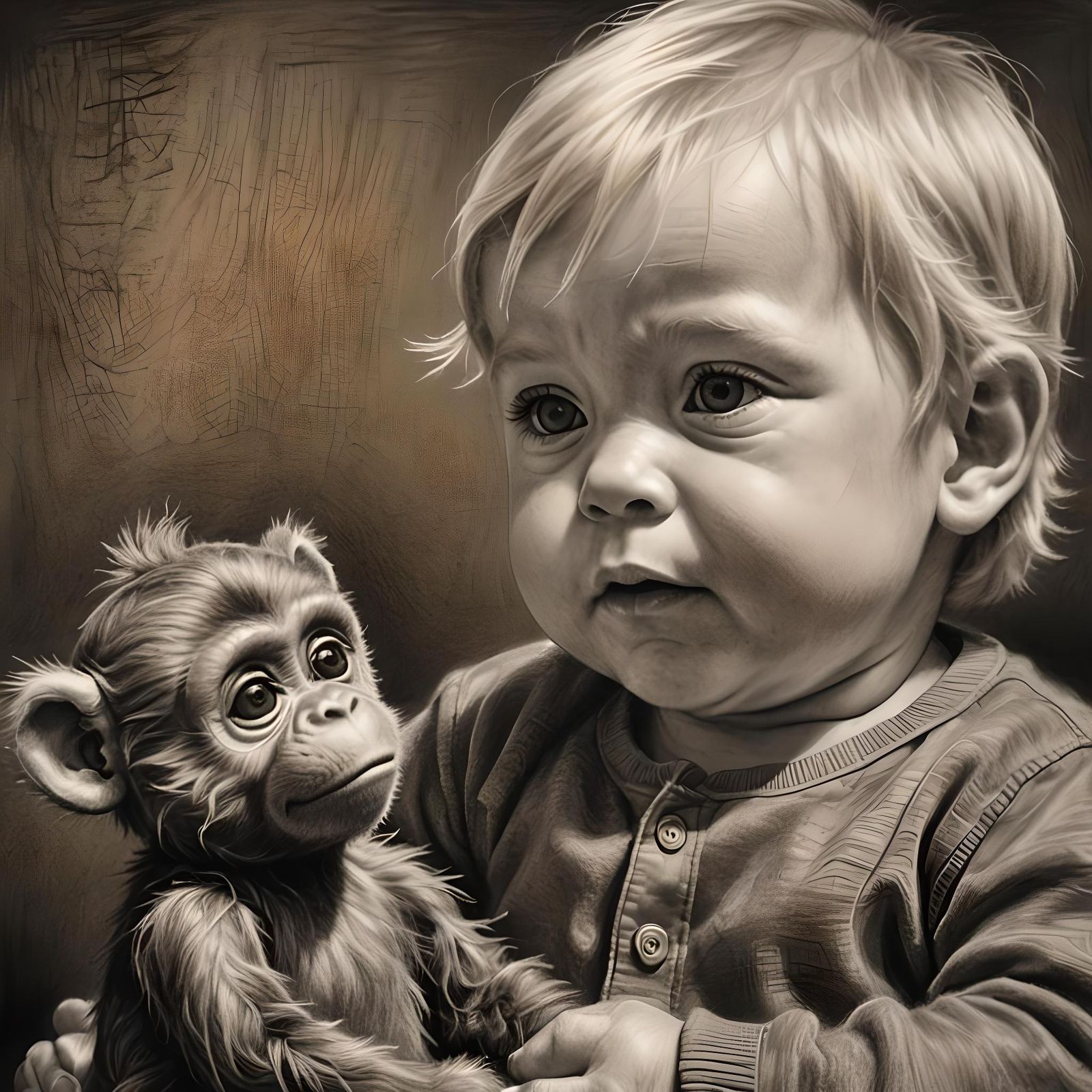 Blond Baby Boy and Toy Monkey in Charcoal