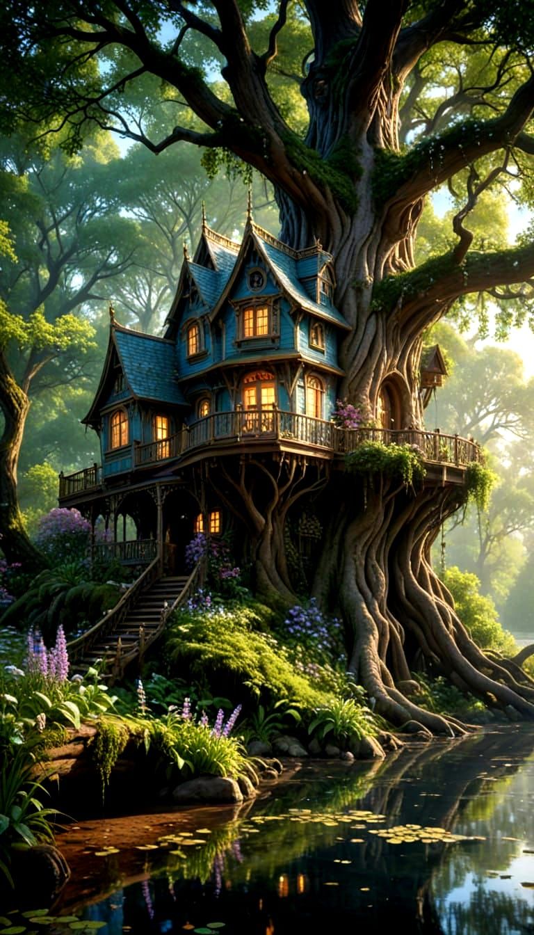 Victorian Treehouse Mansion in a Vibrant Forest Landscape