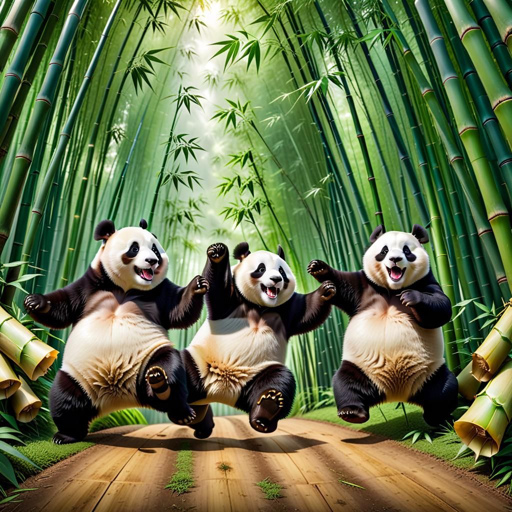 Joyful Pandas Romping in Bamboo Forest
