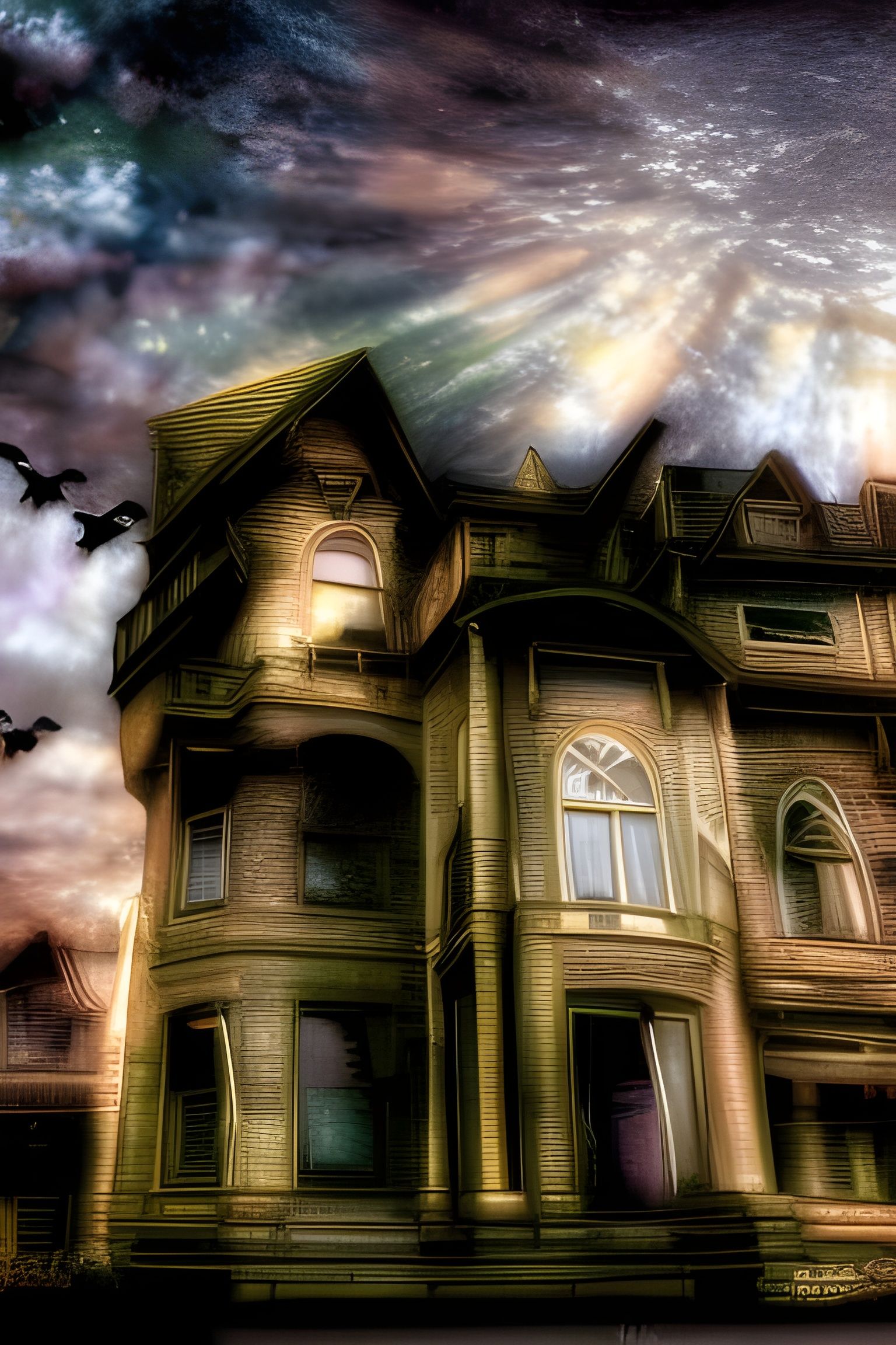 Eerie Haunted House in Ghostly Cloisonné Style