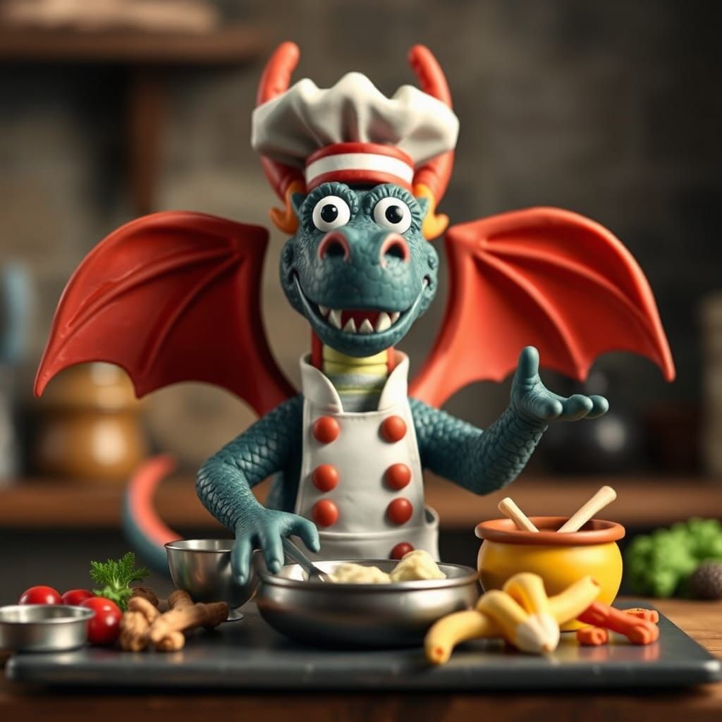 Cute Claymation Dragon Chef Cooking in Epic Style