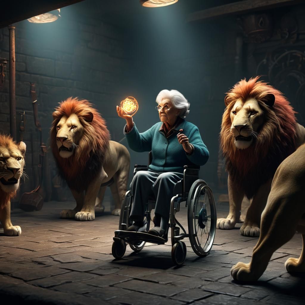 Old Woman Lion Tamer in Dark Basement: Pixar Style