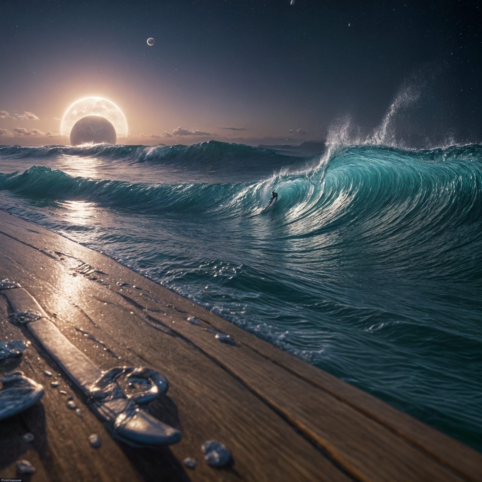 Hyperrealistic Surfer Under Moonlight in Night Sea