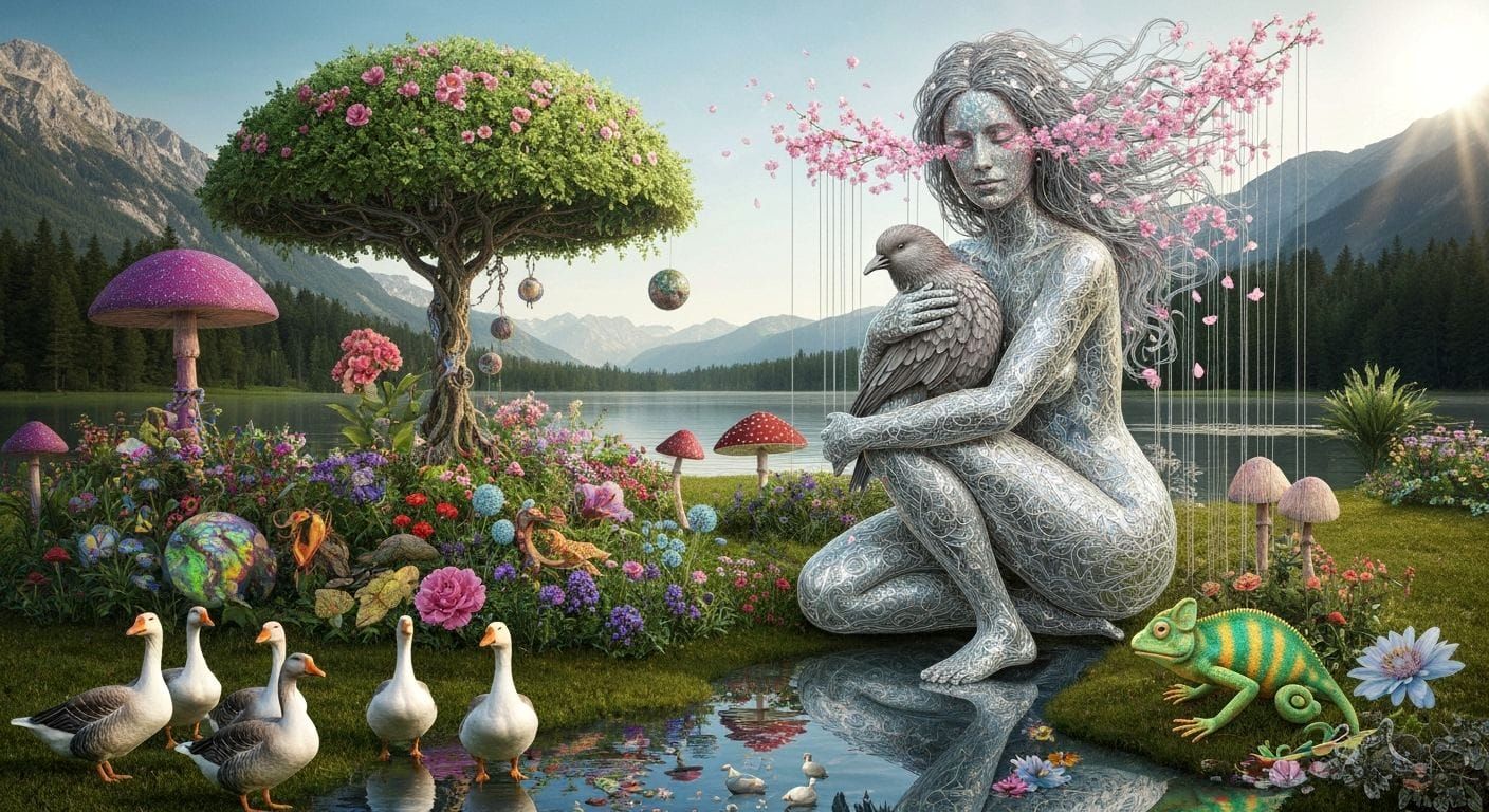 Surreal Fragmented Sculpture of Woman and Bird