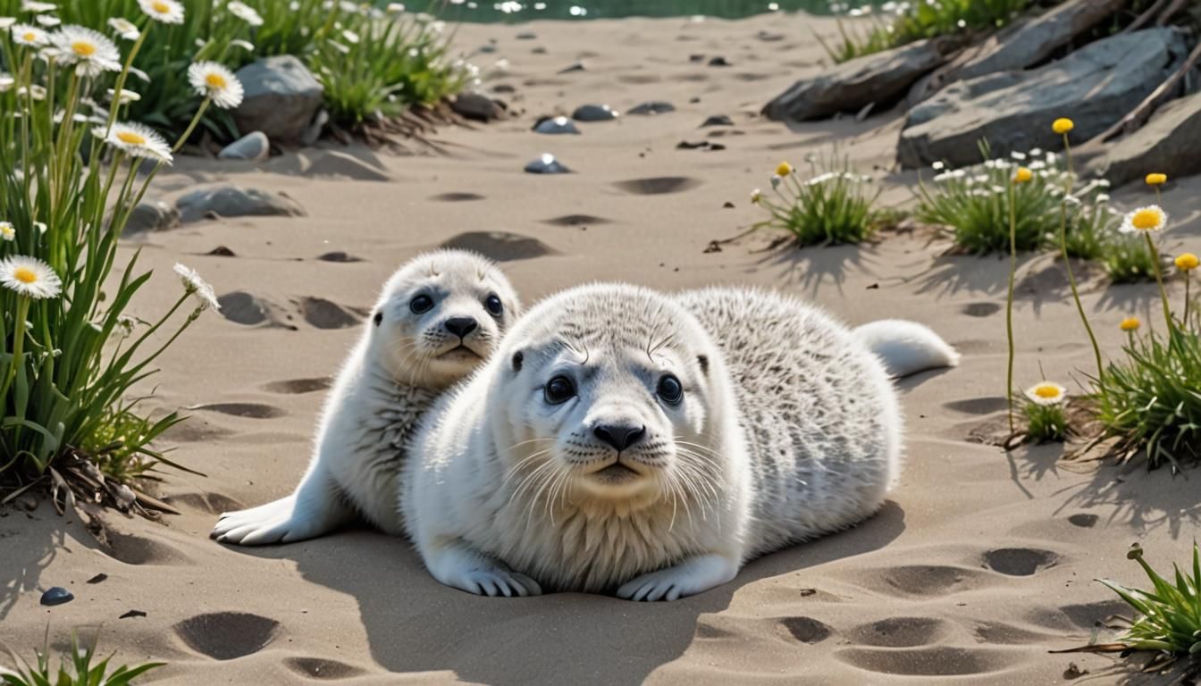 Adorable Baby Seal Sunbathing Impressionism Style