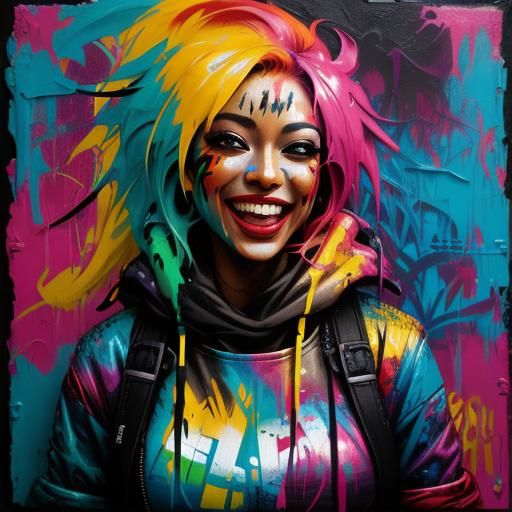 Jungle Girl Laughing: Colorful Graffiti Splash Art