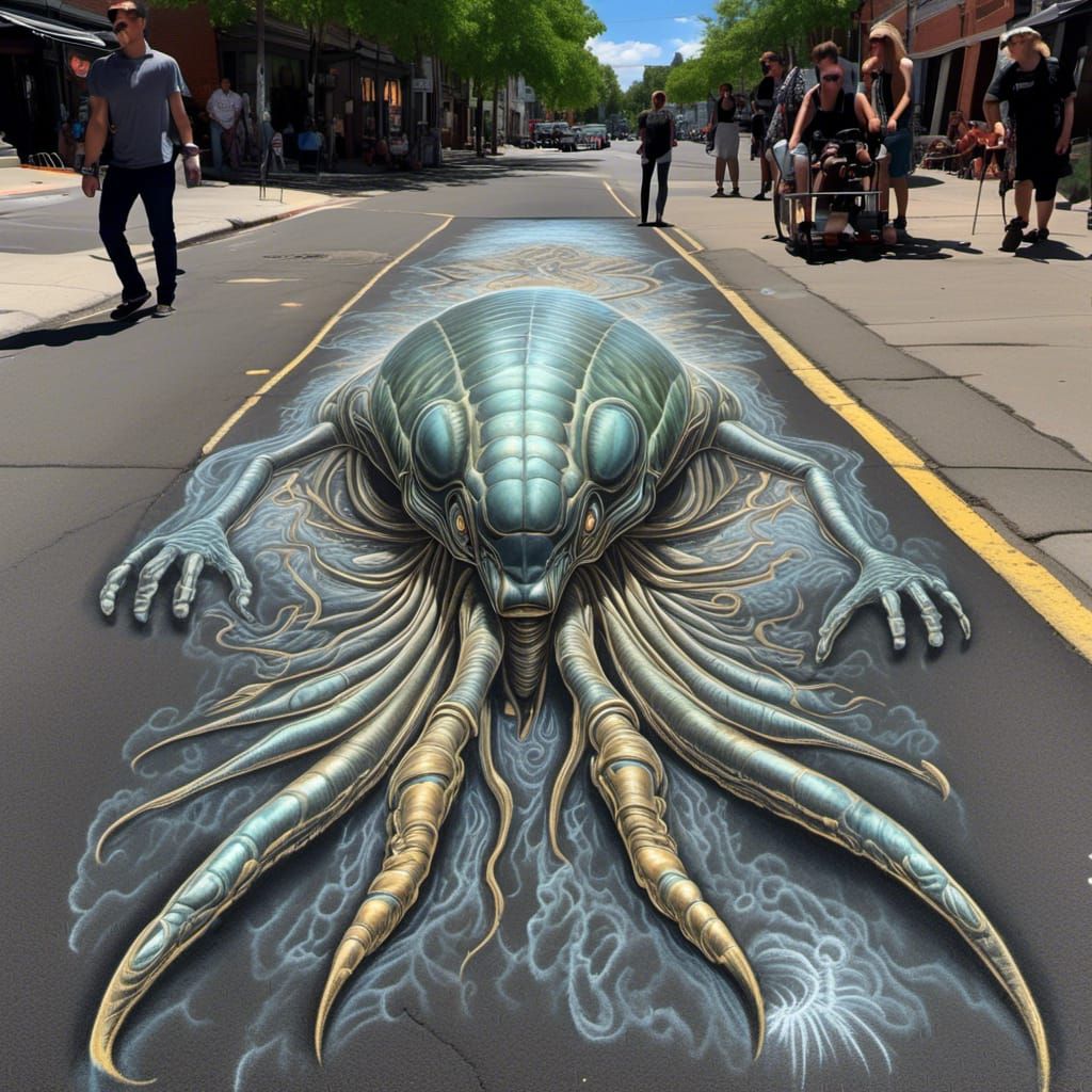Epic Alien 3d illusion chawk drawing on a sidewalk