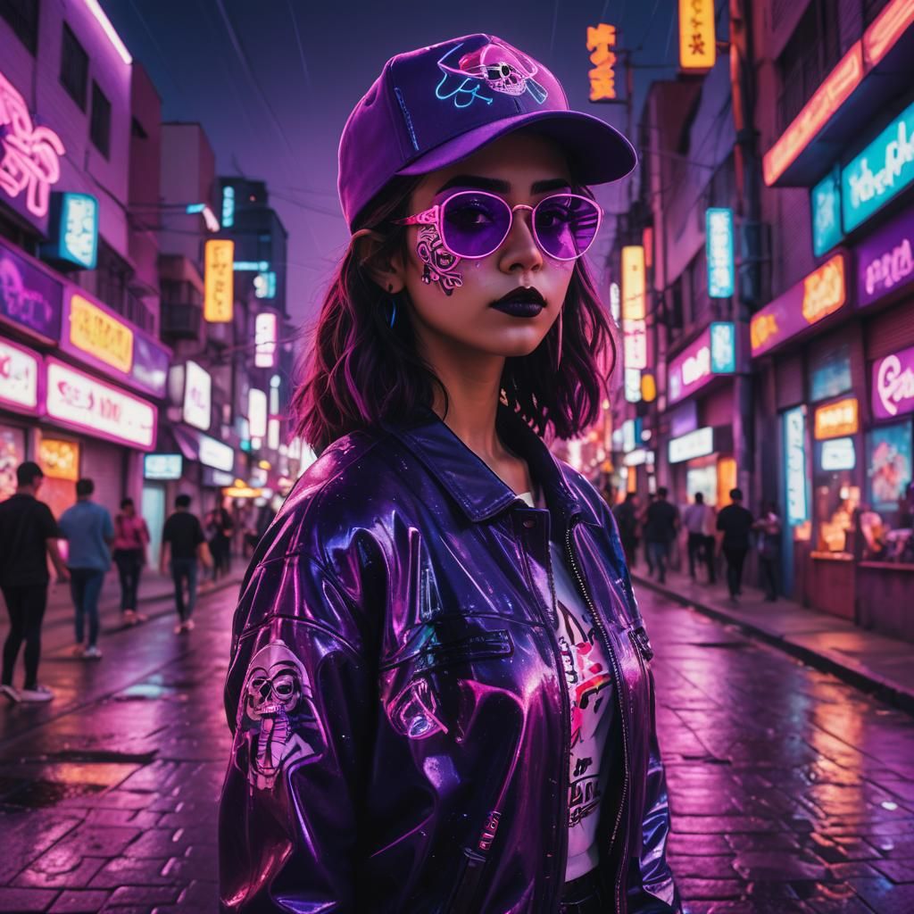 Neon Catrina in Cyberpunk Cityscape