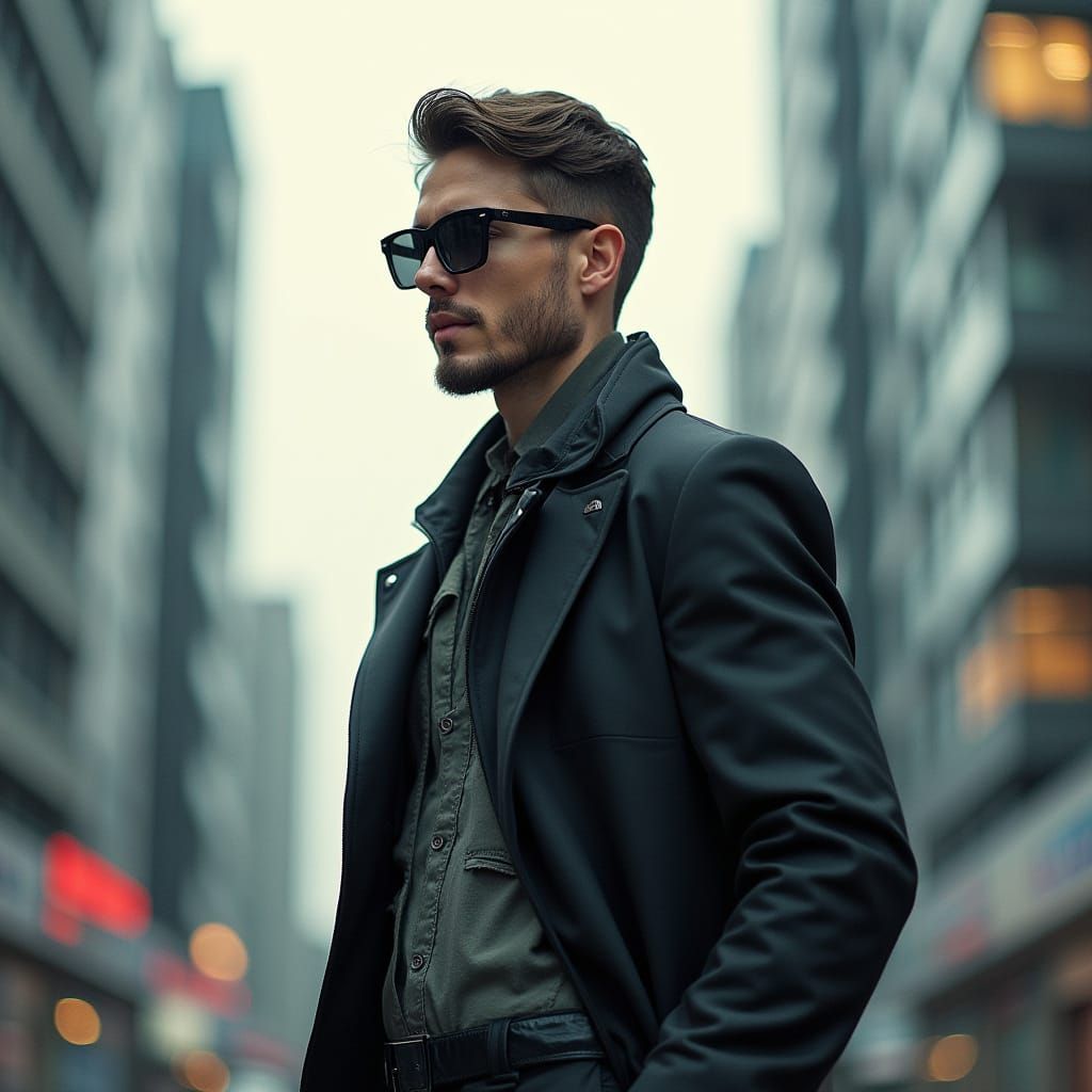 Confident Man in Modern Attire Against Urban Backdrop