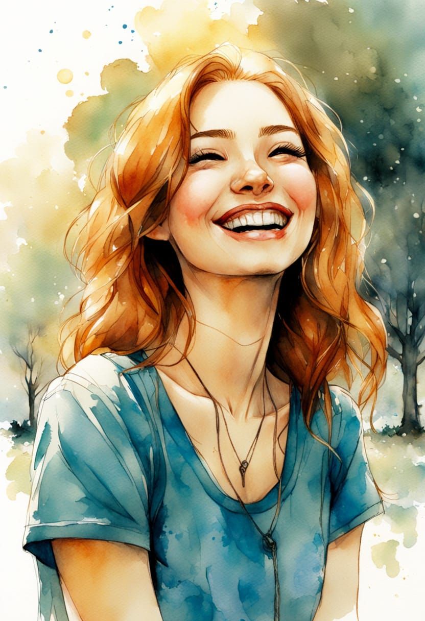 Surreal Watercolour Portrait of a Happy Young Woman