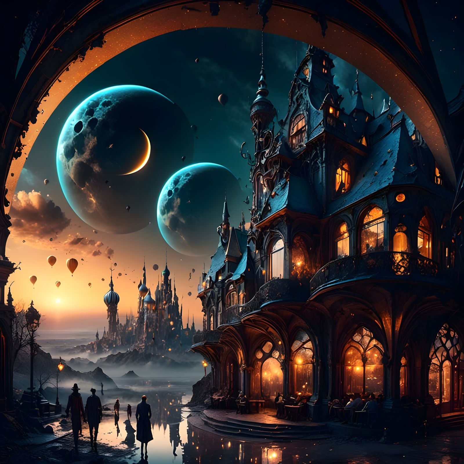 Surreal Dreamscape City on Crescent Moon
