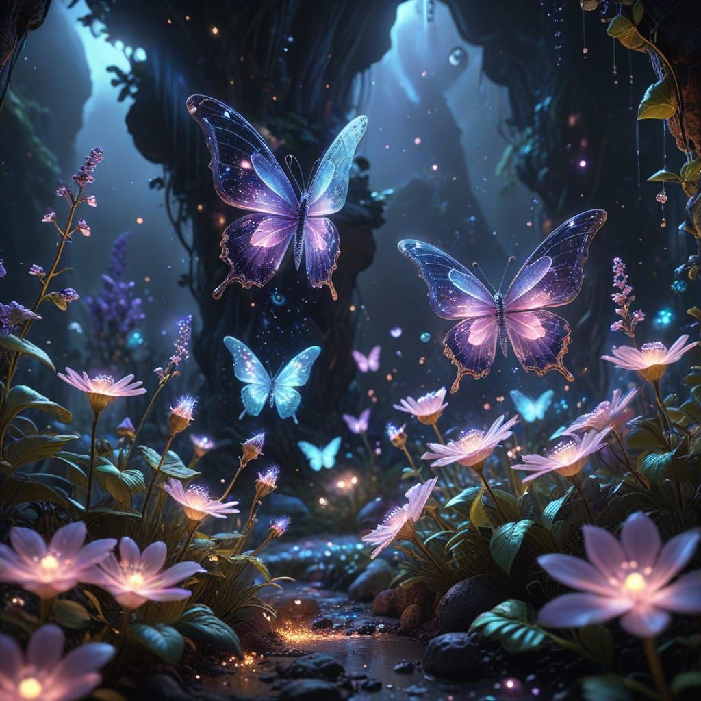 Celestial Garden with Crystal Flowers and Butterfly