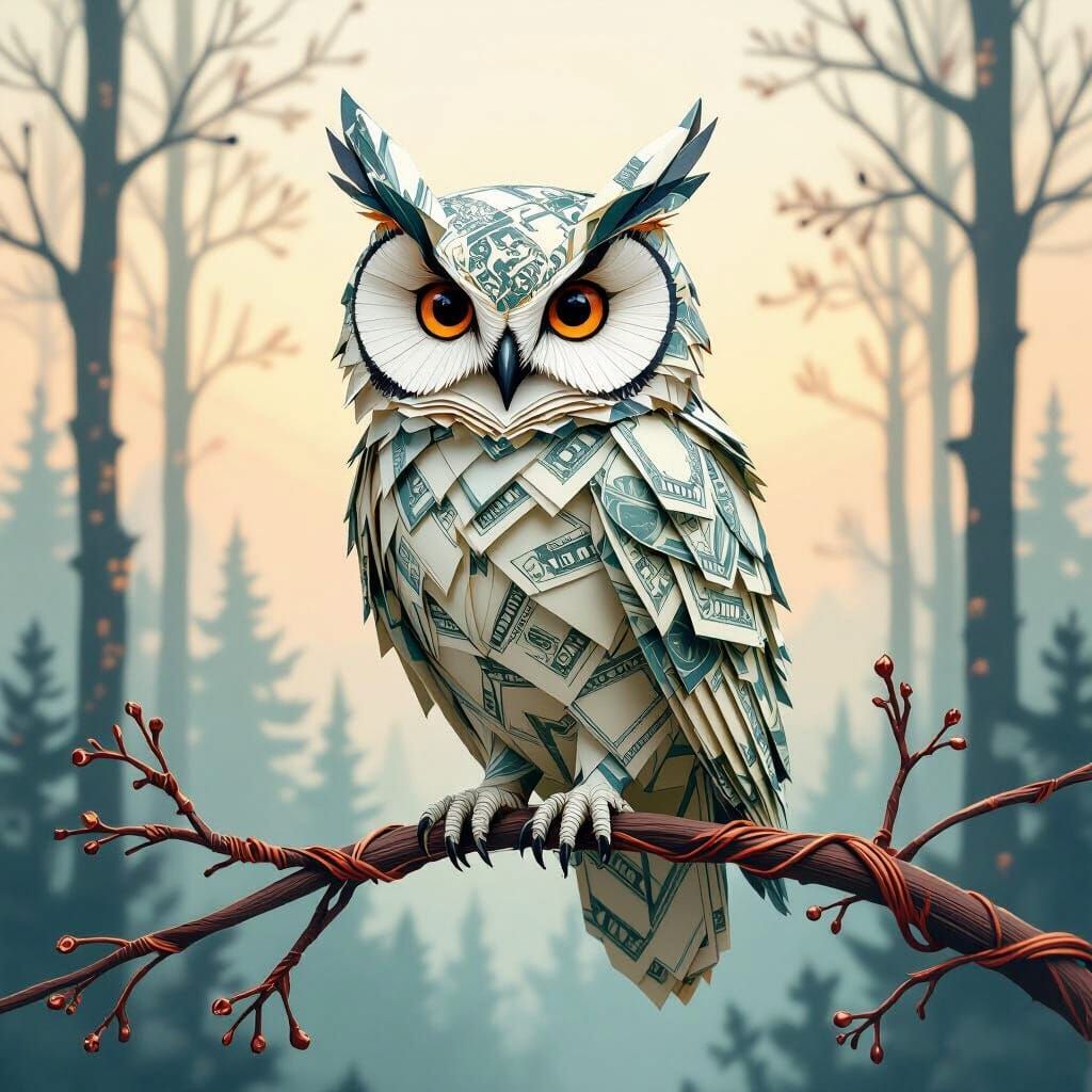 A majestic owl with feathers made of intricately folded orig...