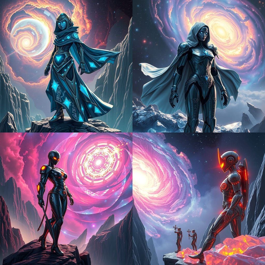 Celestial Android Warrior in Chrome Armor Overlooks Swirling...