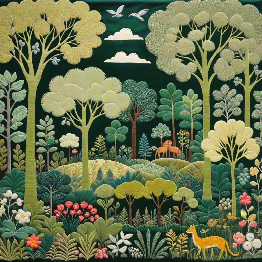Lush Forest Landscape in Folk-Art Style