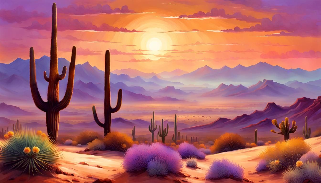 Desert Vista at Sunset in Impressionist Style