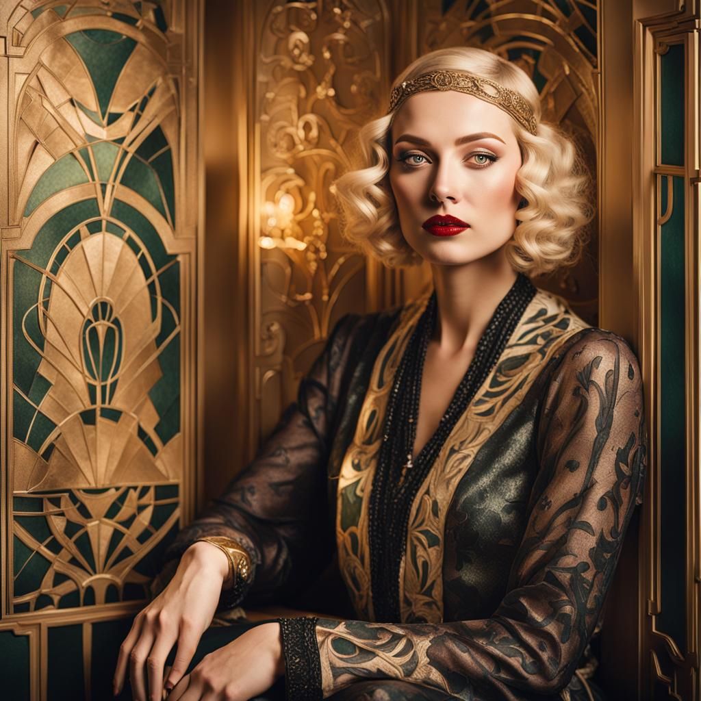 Art Deco Portrait of Blonde in Art Nouveau Dress