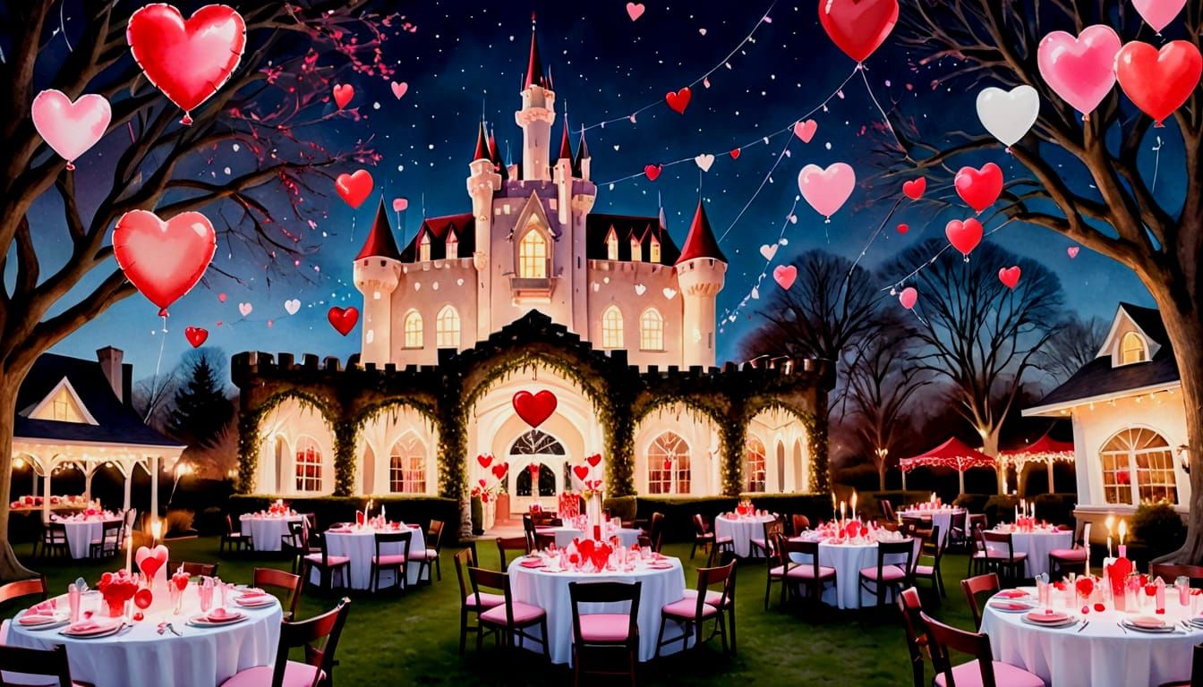 Elegant Watercolor Valentine's Castle Scene at Night