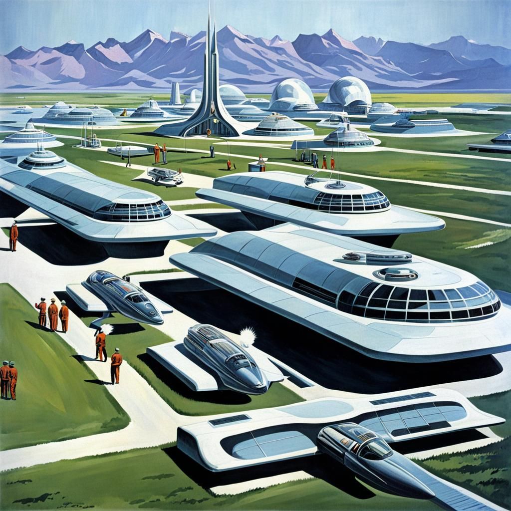 The space base of tomorrow, retro-future, 1960's futurism. 1960's us military technology, 1950's sci-fi art