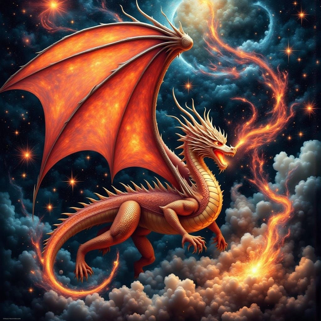 Celestial Dragon Soaring Through Cosmos in Art Nouveau Style